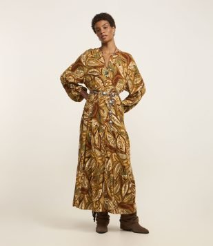 Vestido Midi com Abotoamento e Estampa Folhagem Marrom 2