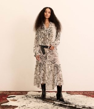 Vestido Midi em Chiffon com Estampa Animal Print Branco-Cinza