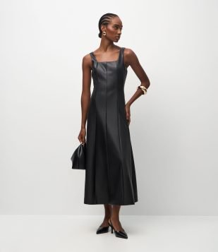 Vestido Midi em PU com Decote Quadrado Preto
