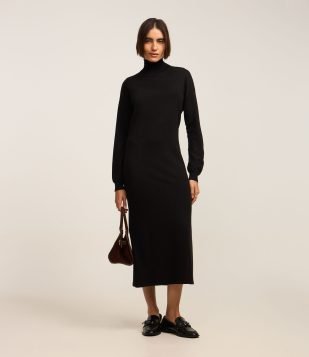 Vestido Midi em Tricô com Gola Alta e Manga Longa Preto 2