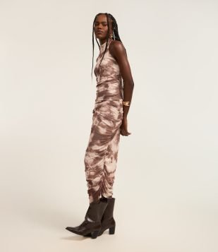 Vestido Midi em Tule Frente Única Drapeado Marrom