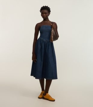 Vestido New Midi em Jeans com Cós em V e Zíper Azul
