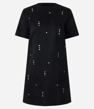 Vestido Reto T-Shirt em Suede com Pedrarias de Strass Preto