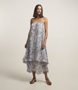 Vestido Tomara que Caia em Chiffon Floral com Camadas Cinza