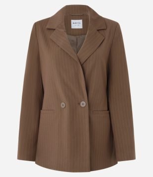 Blazer Alongado em Alfaiataria com Listras Risca de Giz e Botões Marrom