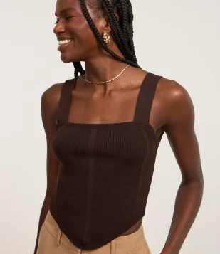 Blusa Corset em Tricô com Textura Canelada Marrom