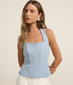 Blusa Frente Única Curta em Crepe com Decote Quadrado Azul