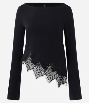 Blusa em Algodão com Barra Assimétrica Rendada Preto