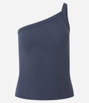 Blusa um Ombro só em Ribana com Textura Leve Azul