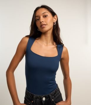 Body em Microfibra com Decote Quadrado Azul