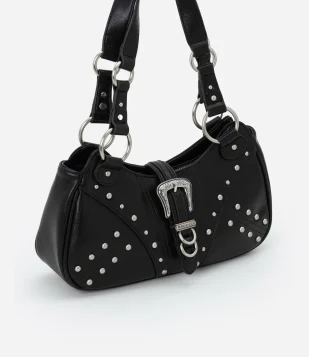 Bolsa Baguete Western em PU com Fivela Frontal e Alças Detalhadas Preto