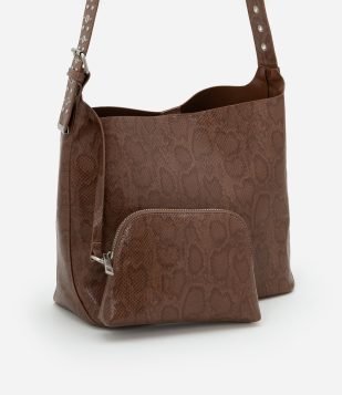 Bolsa Grande em PU com Carteirinha e Estampa Cobra Marrom