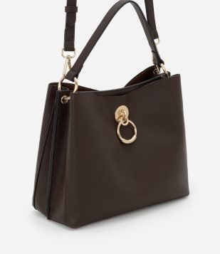 Bolsa Média em PU com Alça Transversal e Detalhe Argola Frontal Marrom