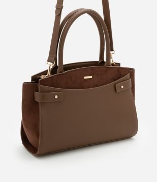 Bolsa Satchel em PU com Detalhes em Suede e Alças Médias Marrom