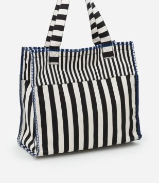 Bolsa de Praia em Lona com Estampa de Listras Preto-Branco