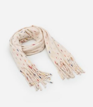 Cachecol em Fleece com Franjas e Listras Contrastantes Bege