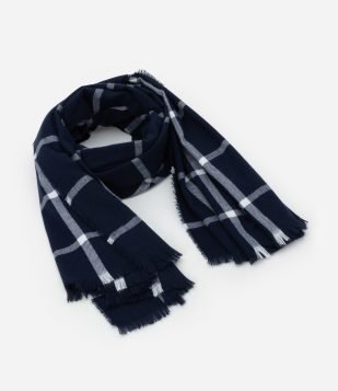 Cachecol em Tricô com Estampa Xadrez Azul Marinho