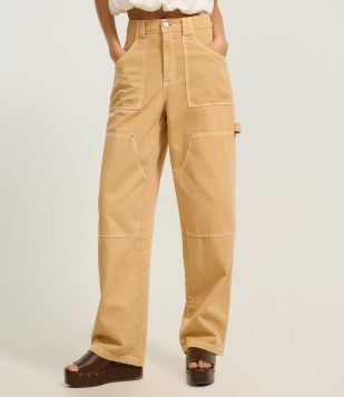 Calça Baggy em Sarja com Algodão Agroecológico Pesponto Contrastante Bege