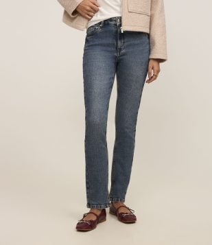 Calça Reta Jeans com Cintura Média e Bolsos Azul