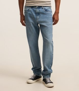 Calça Slim em Jeans Denim com Lavagem e Pesponto Azul