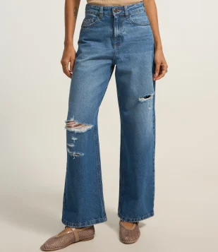 Calça Slouchy Cintura Alta em Jeans com Rasgos Azul