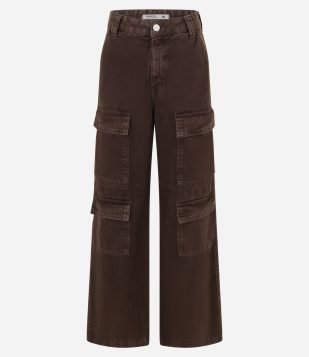 Calça Wide Leg em Sarja com Cintura Alta e Bolsos Cargo Marrom