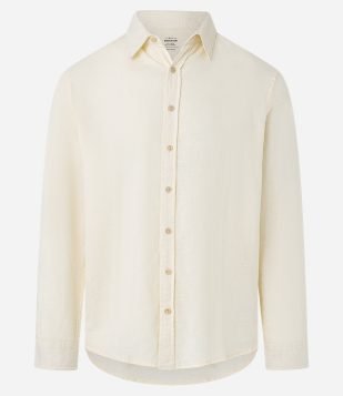 Camisa Comfort Básica em Linho com Gola Colarinho Amarelo Claro