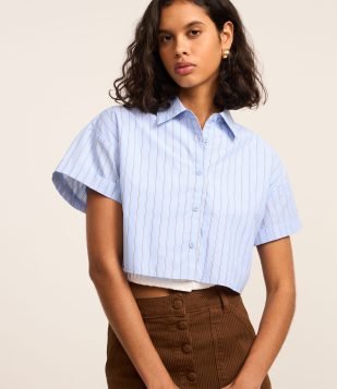 Camisa Cropped em Tricoline com Estampa Listrada Azul