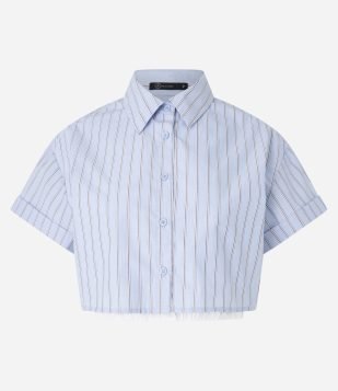 Camisa Cropped em Tricoline com Estampa Listrada Azul