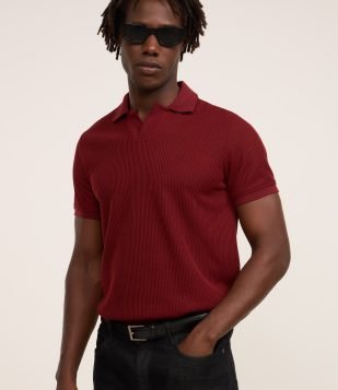 Camisa Polo com Gola Lapela sem Botão e Textura Canelada Vermelho Vinho