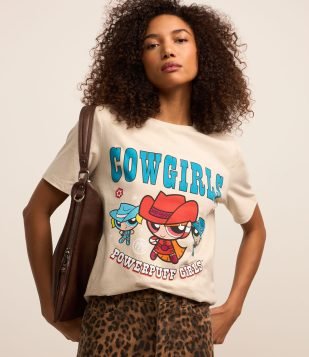 Camiseta Alongada em Algodão com Estampa Meninas Superpoderosas Off White