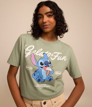 Camiseta Alongada em Algodão com Estampa Stitch Verde