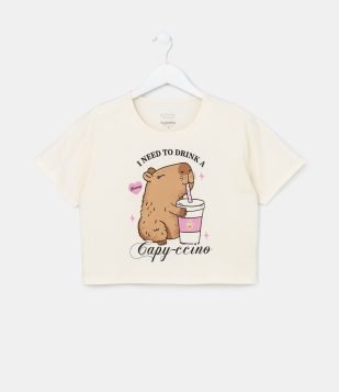 Camiseta Cropped com Estampa de Capivara - Tam 7 a 14 Anos Bege