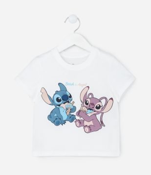 Camiseta Infantil com Estampa Stitch e Angel - Tam 1 a 6 Anos Branco