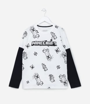 Camiseta Manga Longa Infantil com Estampa do Minecraft - Tam 6 a 14 anos Branco