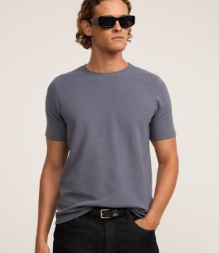 Camiseta Slim em Algodão Peruano com Textura Canelada Cinza Azulado