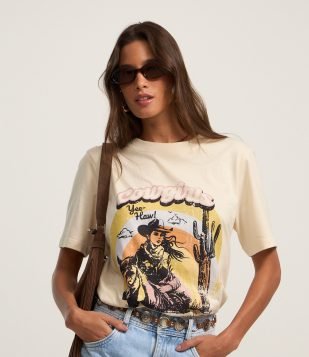 Camiseta T-shirt em Algodão com Estampa Cowgirls Off White