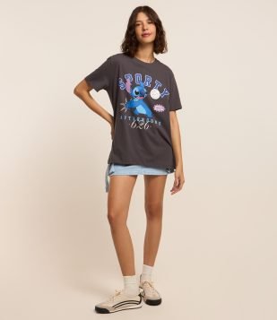 Camiseta T-shirt em Algodão com Estampa Sporty Stitch Cinza