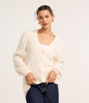 Cardigan Alongado em Tricô com Pelinhos e Punhos Canelados Bege
