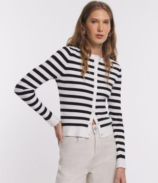 Cardigan em Tricô com Abotoamento e Estampa Listrada Branco- Preto