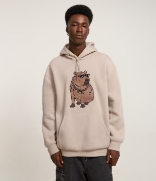 Casaco Comfort em Moletom com Estampa Capivara de Óculos Bege