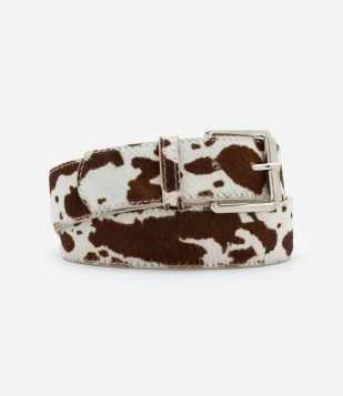 Cinto Médio em Couro com Estampa Animal Print de Vaquinha Branco-Preto
