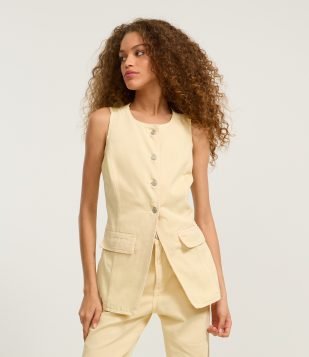 Colete em Sarja com Algodão Agroecológico Botões e Bolsos Aplicados Amarelo