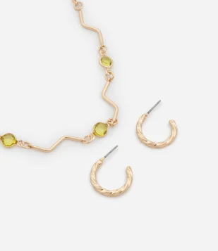 Conjunto de Colar Palito com Cristal e Brinco Argola Torcida Dourado