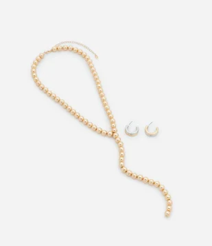 Conjunto de Colar e Brinco em Metal com Banho Misto Dourado-Prata