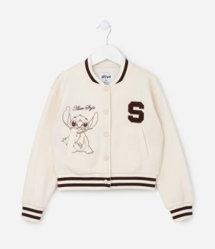 Jaqueta Bomber Infantil com Bordado do Stitch - Tam 5 a 14 Anos Bege