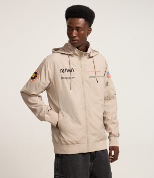 Jaqueta Quebra-Vento com Capuz e Estampa Nasa Cinza