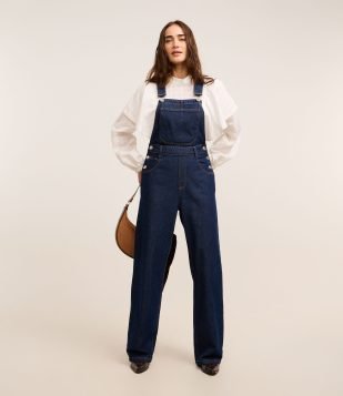 Jardineira Longa em Jeans com Botões Laterais Azul