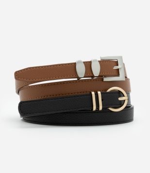 Kit 02 Cintos em PU com Fivelas Diversas Marrom- Preto