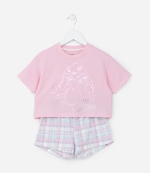 Pijama Infantil com Estampa do Stitch em Foil - Tam 5 a 14 Anos Rosa